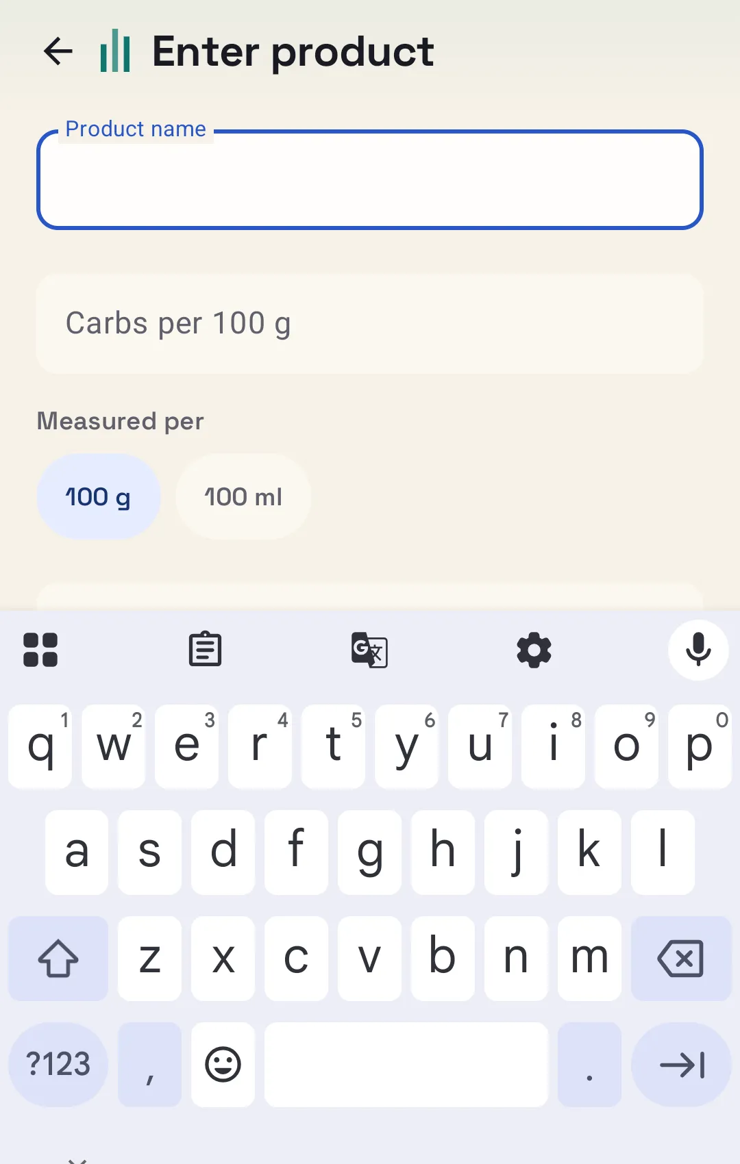The Enter product form: product name, carbs per 100 g, and a choice of 100 g or 100 ml.
