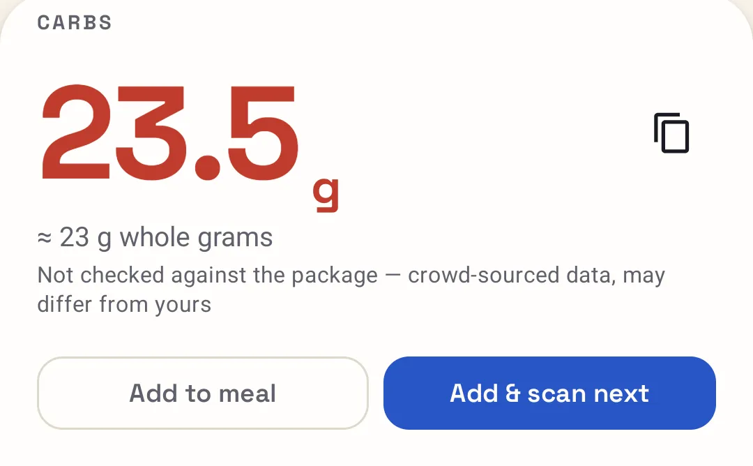 The answer panel from the result screen: CARBS 23.5 g, about 23 g whole grams, with the buttons Add to meal and Add and scan next.